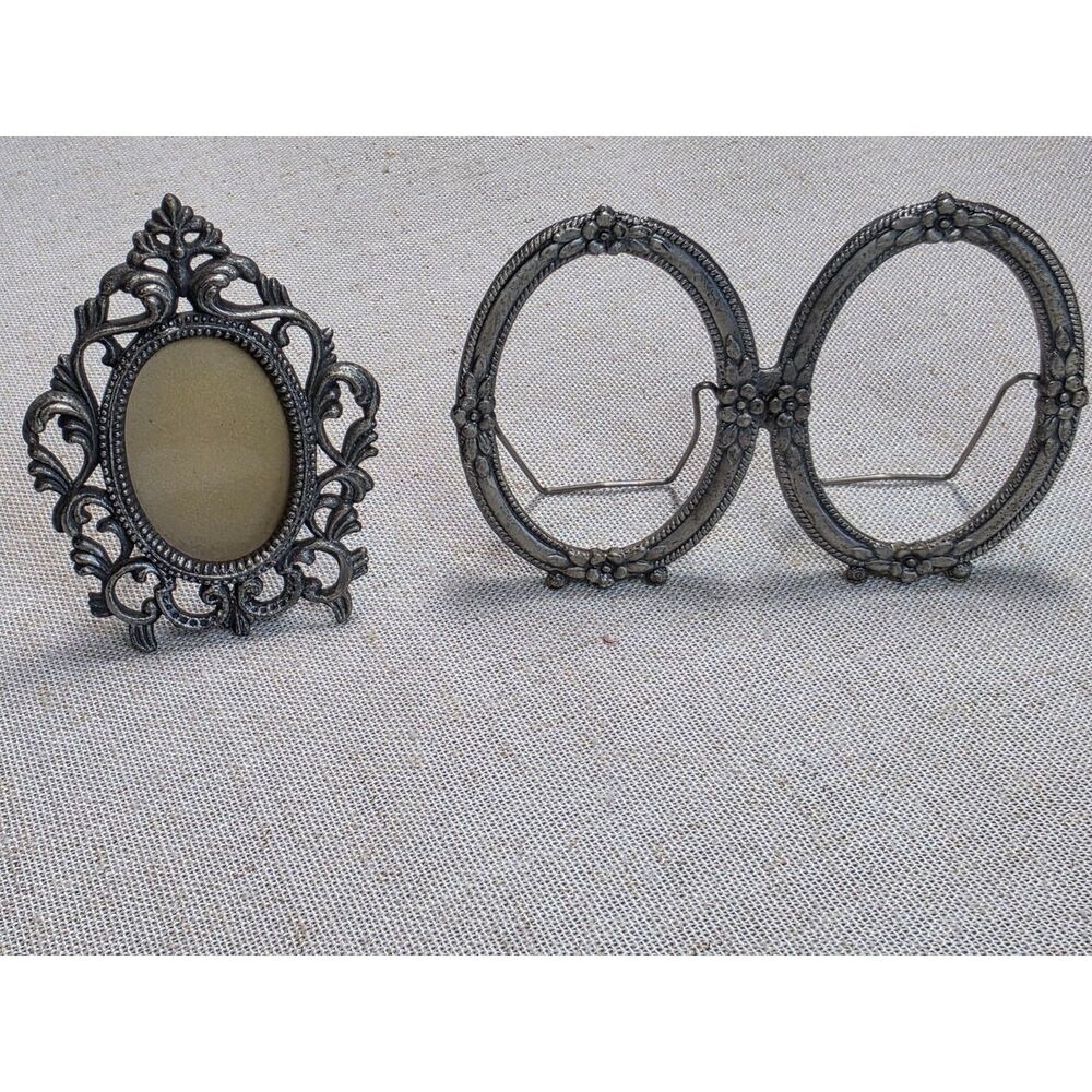 Vintage Silver Miniature Ornate Metal Picture Frame Set Single & Double Oval